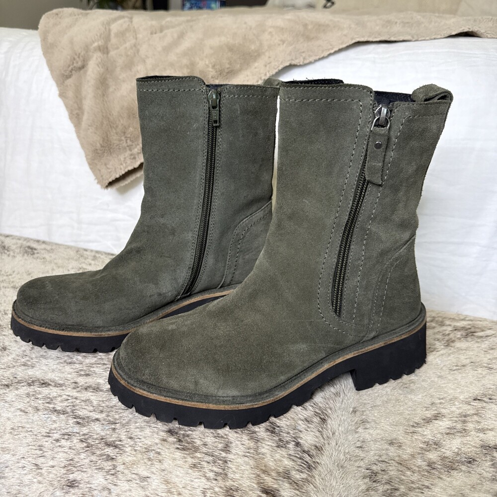 CafeNoir Green Suede Boots EU 38 Women's Double Side Zip Lug Sole Moto